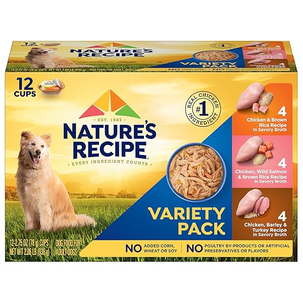 NATURE’S RECIPE CHICKEN, SALMON AND TURKEY RECIPES VARIETY PACK WET DOG FOOD, 12-2.75 OZ. CUPS, 2 COUNT