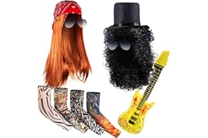 Yingzhao 2 Sets 9 Pcs Rocker 80s Costumes for Men Include Rocker Wig Inflatable Guitar Women Tattoo Sleeve Sunglasses Bandana and Hat