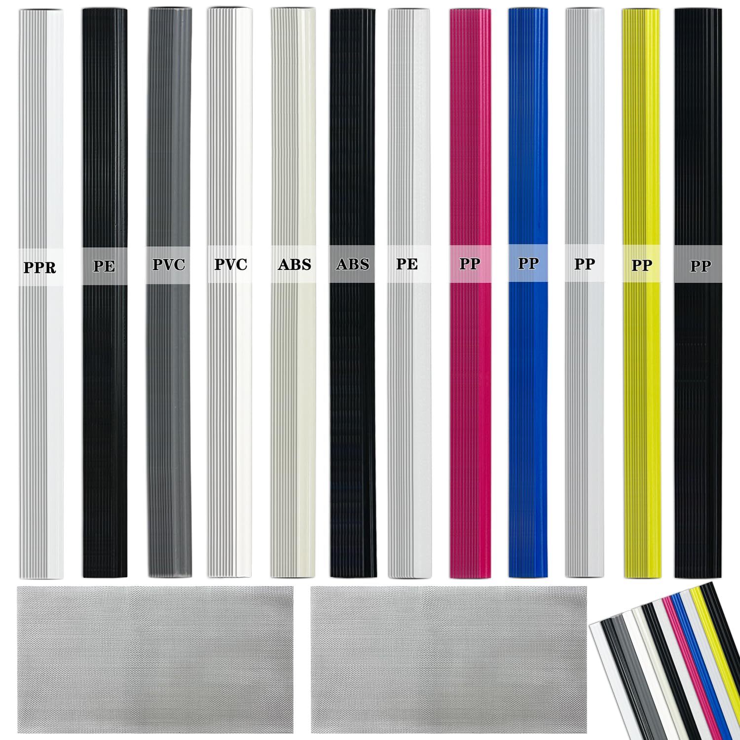 120 Pcs Plastic Welding Rods,5 Types (PP/PE/ABS/PVC/PPR) of Welder Rods Strips Welding Sticks with Stainless Steel Mesh for Plastic Welding Kit/Hot Air Gun and Daily Plastic Repair (200mm Length)