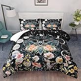 AILONEN Sun and Moon Comforter Set Full Size, Death Moth Bedding Set for Kids,Natural Plant Theme Bed in a Bag,3 PCS,1 Quilt and 2 Pillowcases,Soft Microfiber