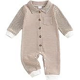 DNOMAID YZARC Baby Boy Stripe Romper Waffle Knit Long Sleeve Lapel Button Down Jumpsuit Bodysuit Newborn Fall Winter Outfits