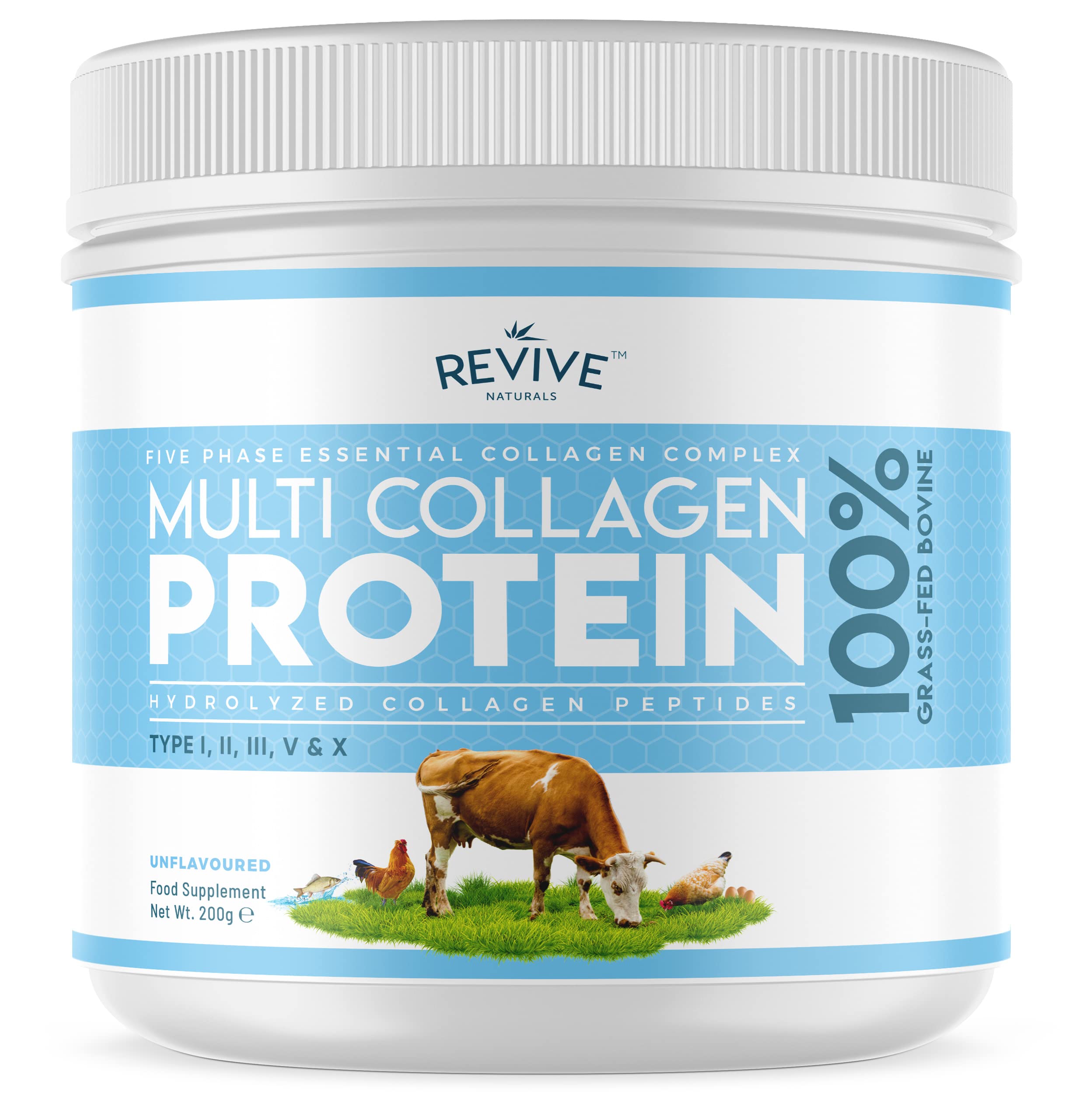 Multi Collagen Protein Powder (200g) - Types I, II, III, V & X - Hydrolyzed Grass Fed Bovine, Wild Caught Fish, & Free-Range Chicken & Eggshell Collagen by Revive Naturals
