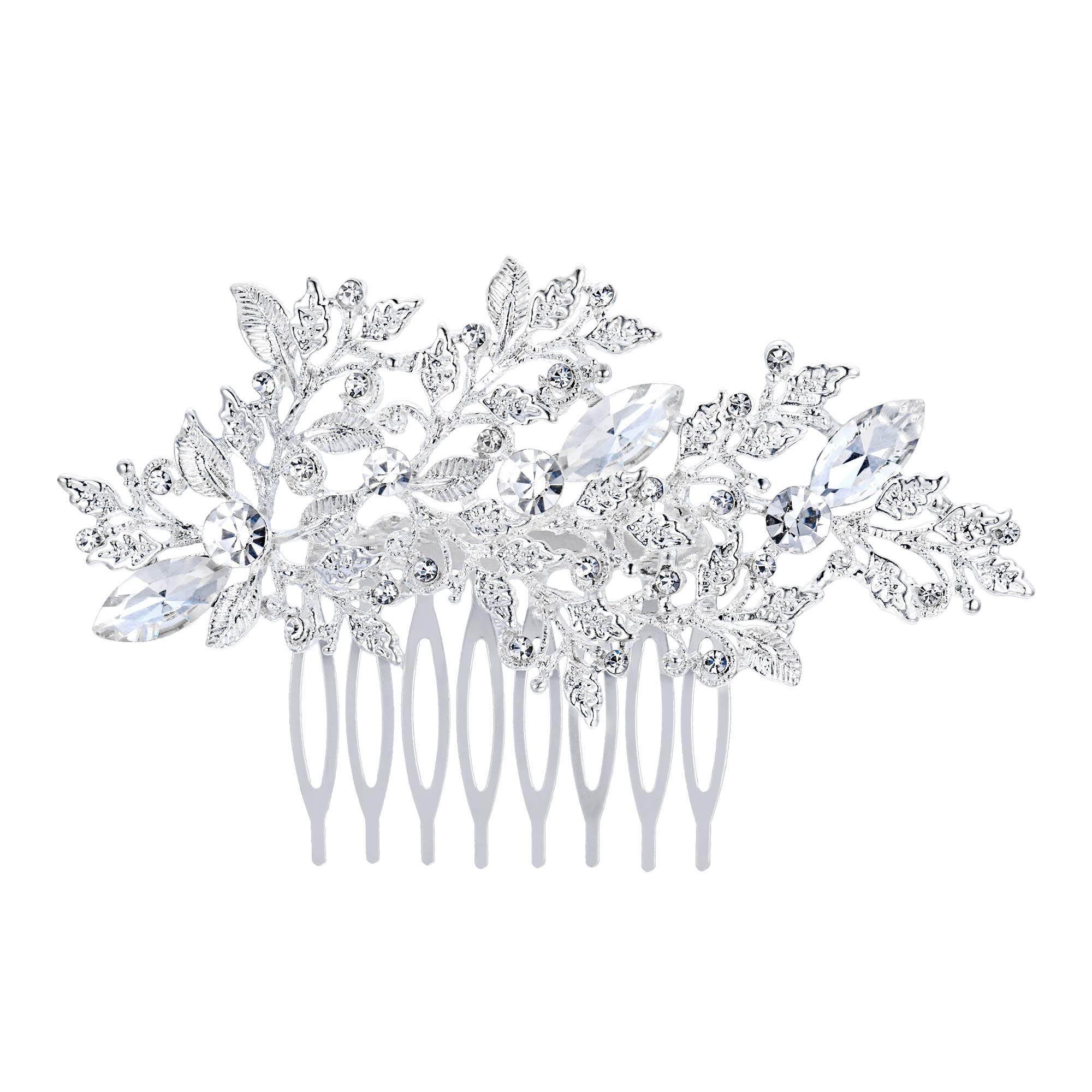 Ever Faith Women's Crystal Wedding Floral Leaf Branch Filigree Hair Comb Clear Sliver-Tone