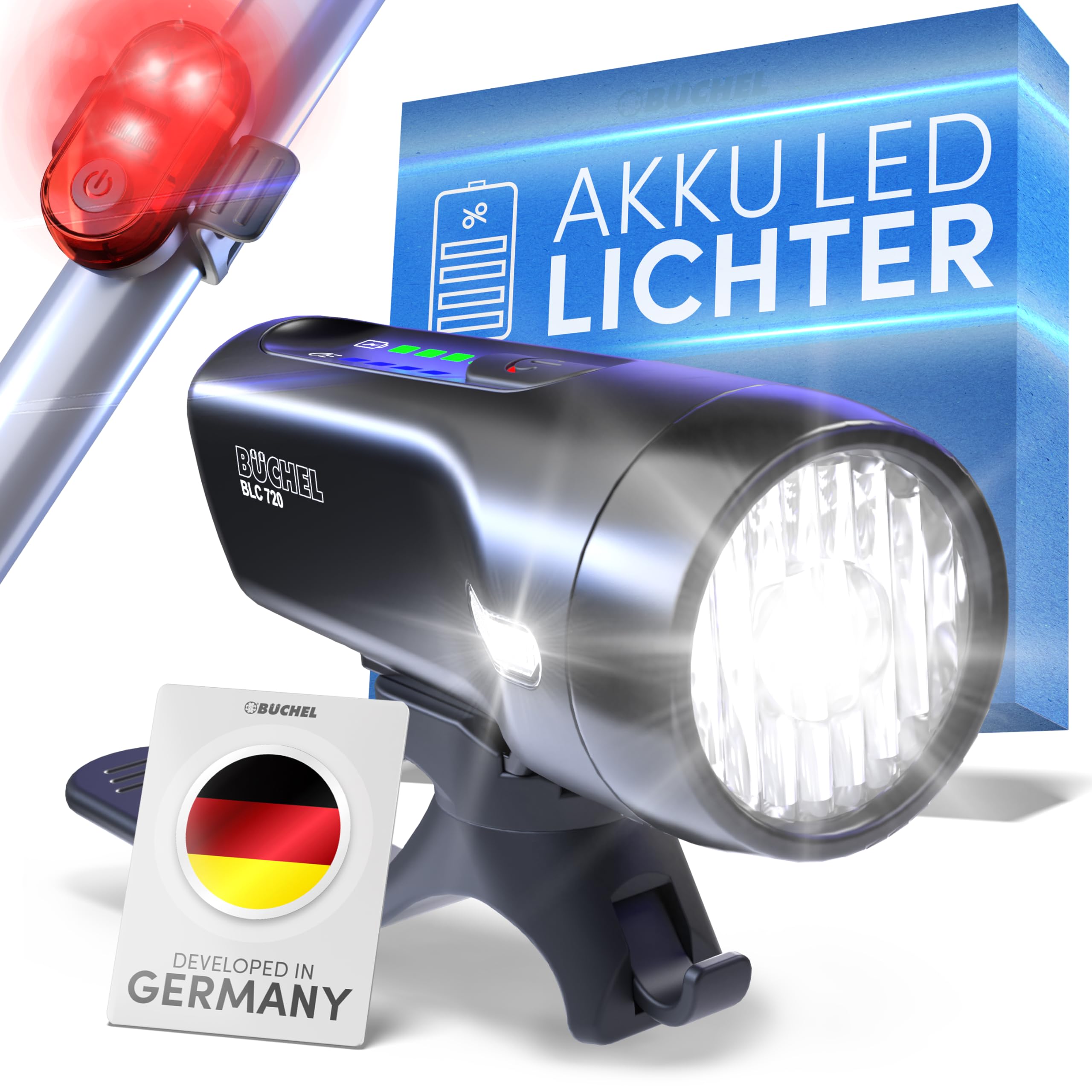 Büchel BLC 720 Fahrradlichter Set I 70/30/15 Lux I StVZO zugelassen mit bis zu 14h Akkulaufzeit I Aufladbares Fahrrad licht LED für vorne + hinten I Rücklicht Fahrrad, fahrradlicht vorne I Micro-USB