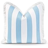 Hofdeco Premium Coastal Hampton Style Patio Indoor Outdoor Pillow Cover Only, 20"x20" Water Resistant for Backyard, Couch, Baby Blue Stripe Fringe