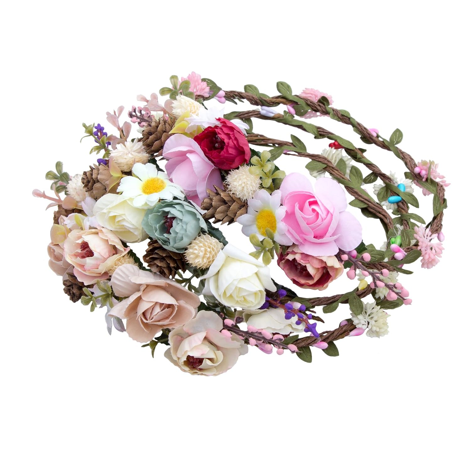 AWAYTR Bohemia Flower Crown Headband - Exquisite Pinecone Leaf Berry Flower Headband Flower Halo Wreath women (Light khaki+Light pink): Beauty