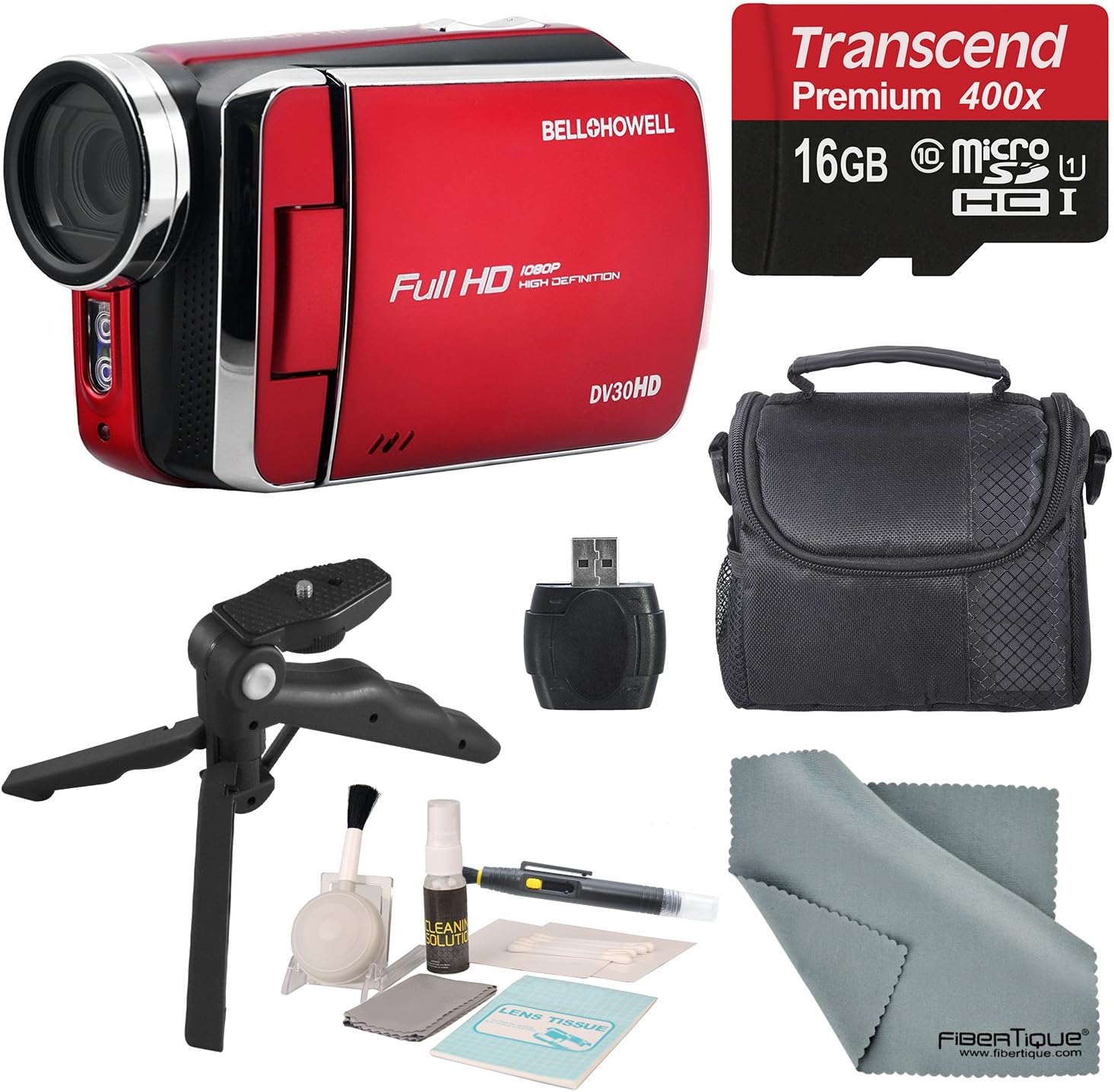 Bell & Howell DV30HD 1080p HD Video Camera Camcorder (Red) + Case, Tripod, 16GB Memory Card, Card Reader & Cleaning Accessories