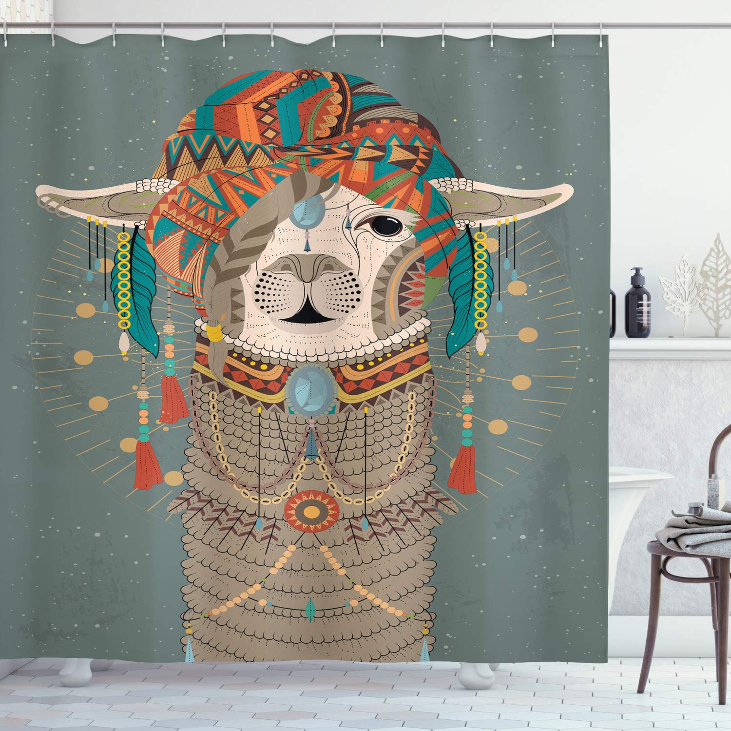 ABAKUHAUS Llama Shower Curtain, Colorful Headwear Wearing Accessories Earrings Necklace Abstract Animal, Cloth Fabric Bathroom Decor Set with Hooks, 86 Inches Extra Long, Multicolor — image 1
