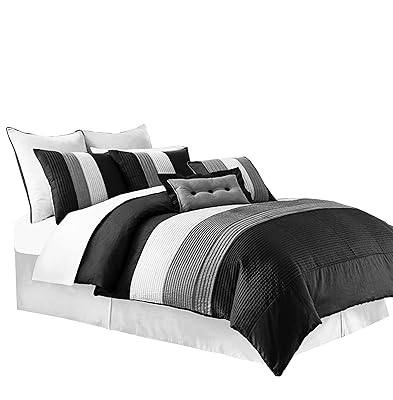 Chezmoi 6-Piece Luxury Striped Comforter Set, Twin, Black/White/Grey