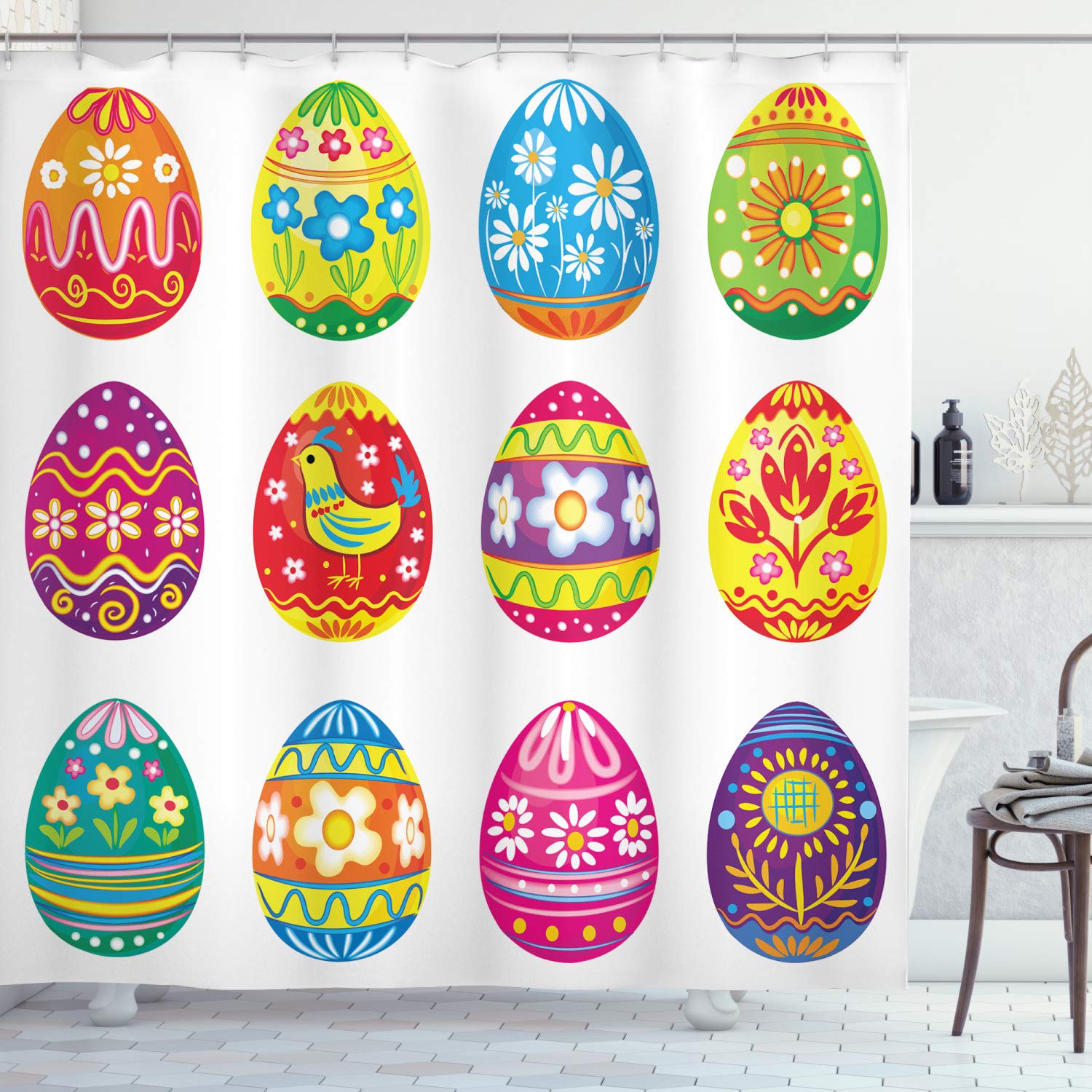 ABAKUHAUS Easter Shower Curtain, Colorful Easter Eggs with Flowers Stripes and Hen Design Ornate Cartoon Illustration, Cloth Fabric Bathroom Decor Set with Hooks, 86 Inches Extra Long, Multicolor