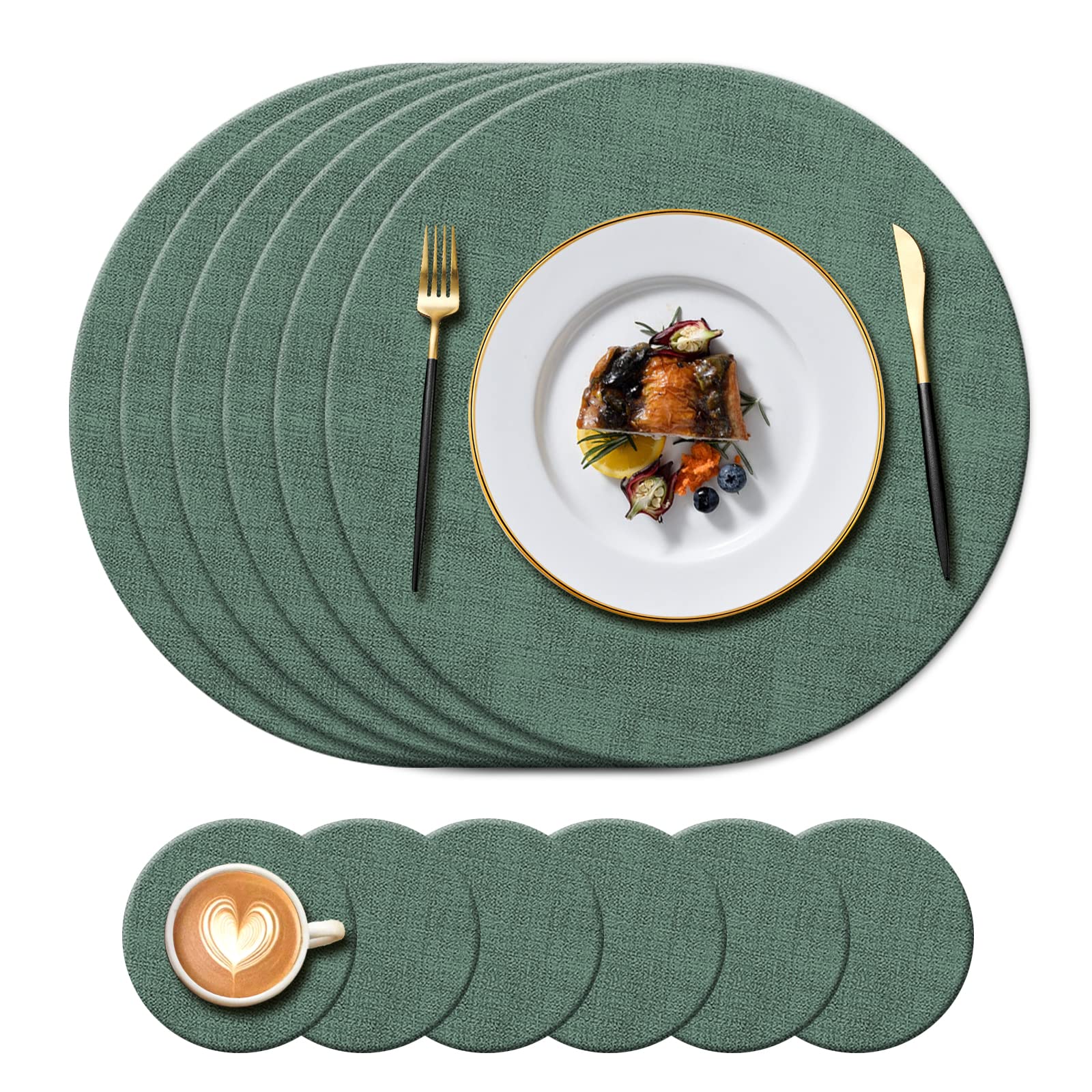KERYCHIN Round Leather Placemats and Washable Coasters, Heat Resistant 212 °F, Non-Slip and Waterproof, Decorative Accessories for Restaurant, Kitchen, Hotel, Outdoor, Indoor, 12 Pieces, (Green)