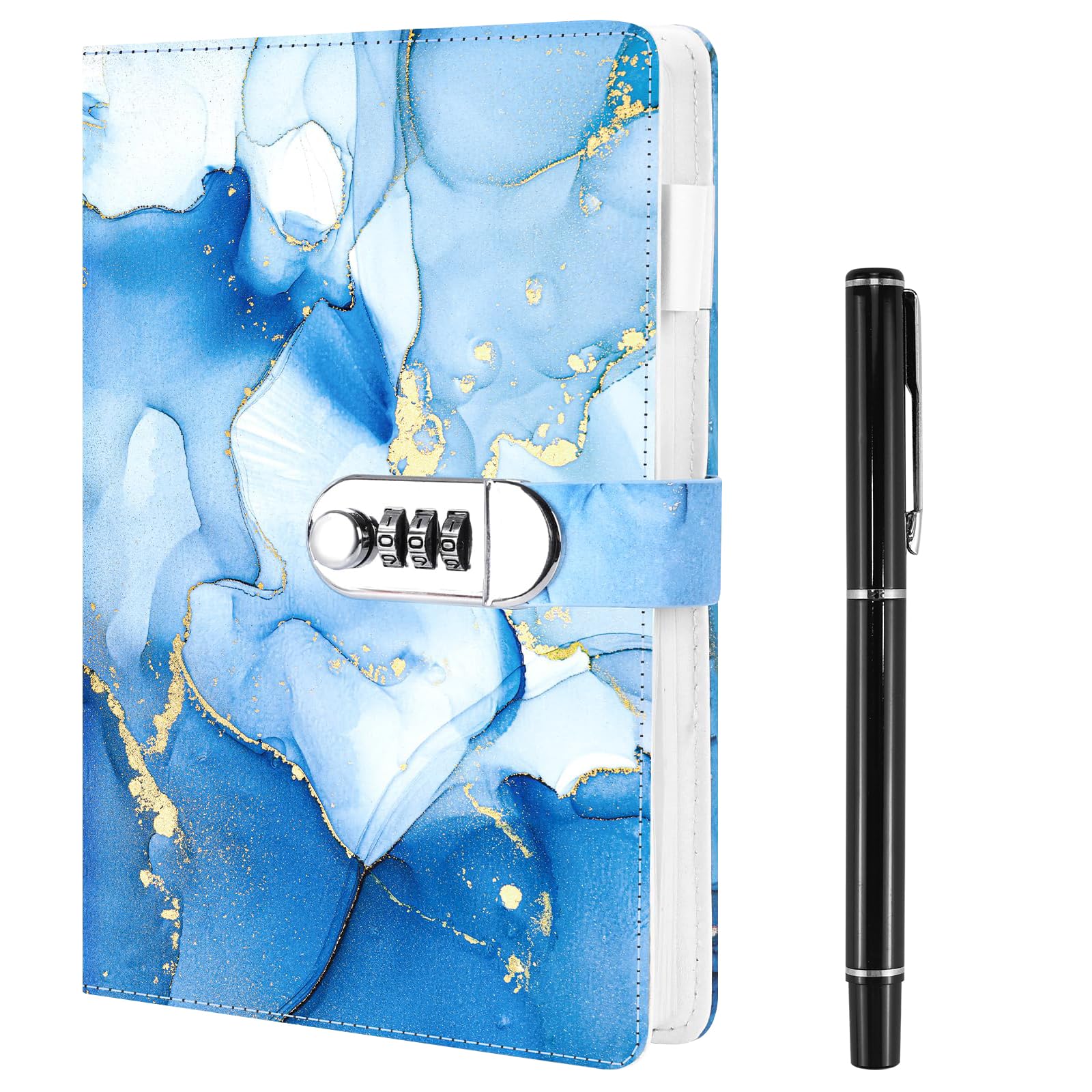 Diary with Lock, A5 PU Leather Journal with Lock 120 Sheets Password Locked Travel Notebook with Pen, A5 Fashion Password Book with Lock Diary Creative Handbook Student Note Book - Blue