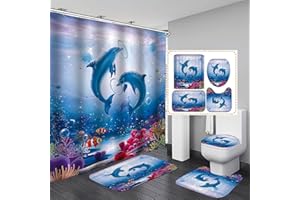FASHION_MAN OLEBETY 4PCS/Set Fantasy Dolphin Blowing Water Circle Bubble Shower Curtain, Sunbeam Tropical Fish Coral Underwater World Marine Life Ocean Animal Bathroom Decor, Non-slip Bath Rug Mat, Shiny Blue Sea