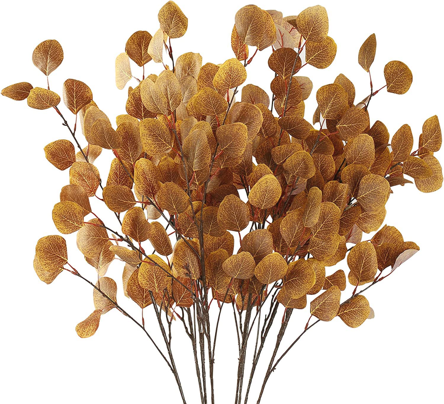 Photo 1 of Sggvecsy 6 Pcs Fall Eucalyptus Leaves Artificial Eucalyptus Stems Long Silver Dollar Leaves Autumn Leaf Branches Fake Silk Eucalyptus for Christmas Home Autumn Thanksgiving Decor(Dark Yellow)