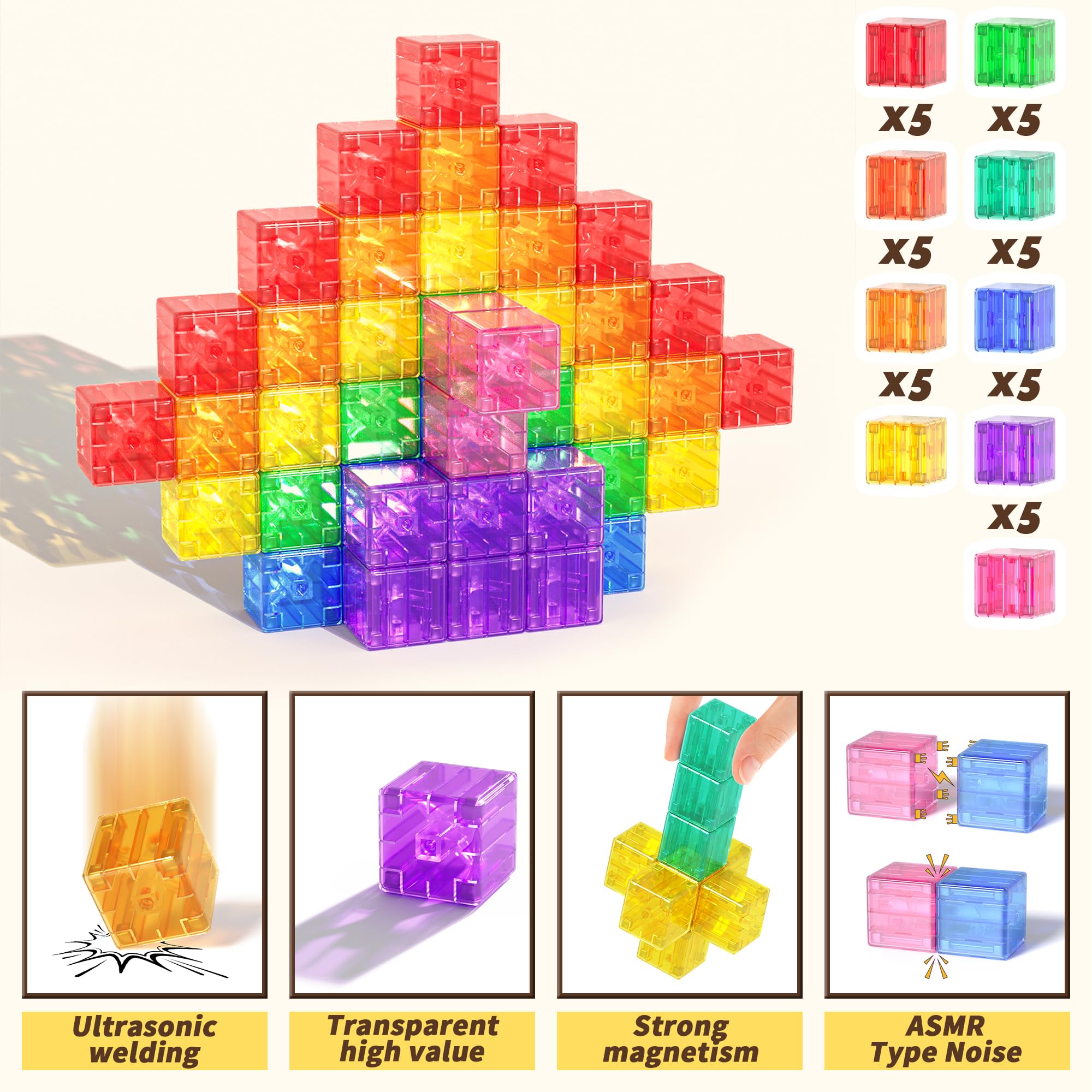 Apluses 45PCS Magnetic Blocks - Transparent Magnet Cubes, Toddler Building Blocks, Sensory Autism Gifts for Kids Ages 3+, Preschool Travel Toys for 3-5 Year Old Boys and Girls