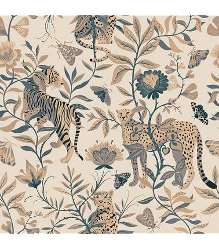 Okydoky Floral Tiger Peel And Stick Wallpaper – Boho Animal Print Contact Paper, 17.3" X 118", Waterproof Vinyl, Removable, For Bedroom, Bathroom, Cabinets
