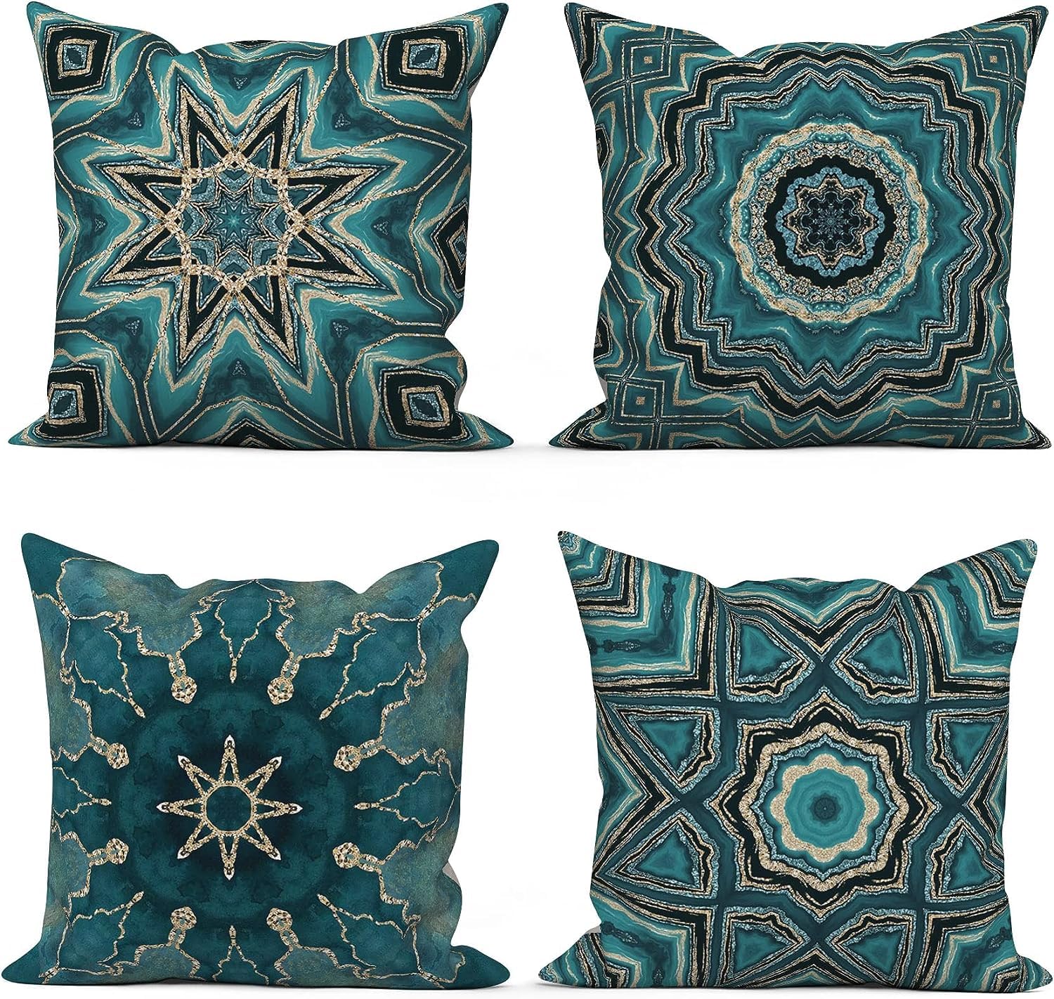 ASDCXZ Boho Cushion Covers 45cm x 45cm Set of 4, Retro Boho Art Geometric Pattern Blue Gold Outdoor Garden Sofa Decoration Cushion Cover Washable Polyester Linen Fabric Upholstery Pillow Cover