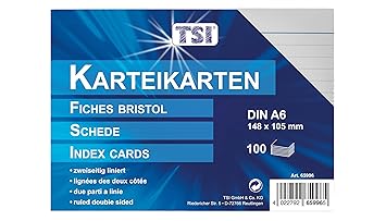 TSI Karteikarten DIN A6, 100-er Packung, liniert, weiß