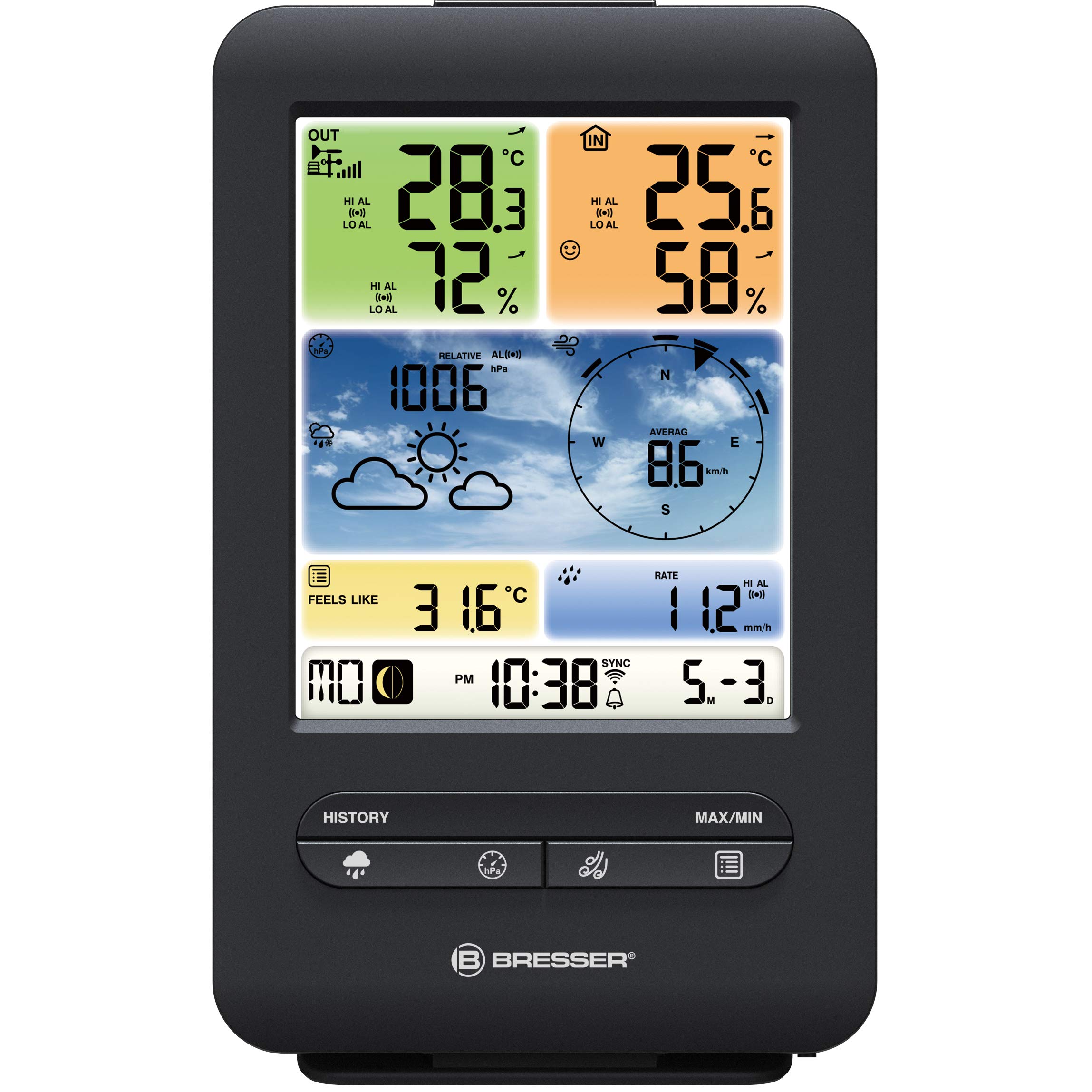 Bresser Wetterstation Funk mit Außensensor WLAN Farb-Wetter Center 5-in-1 mit Außensensor für Temperatur, Luftfeuchtigkeit, Luftdruck, Windmesser und Regenmesser, Schwarz 3