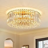 Faibra 17.3" Gold K9 Crystal Raindrop Flush Mount Ceiling Light, Modern Chandelier, Round Luxury Light Fixture for Dining Roo