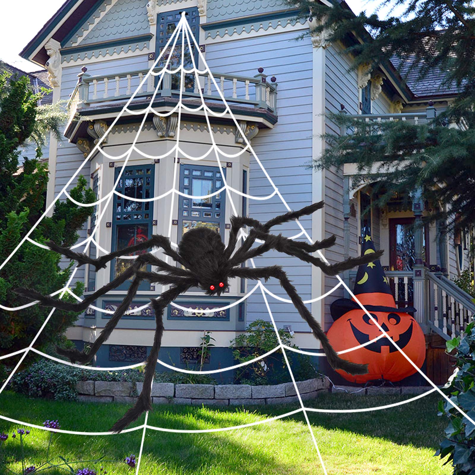 Photo 1 of 200" Halloween Spider Web + 59" Giant Spider Decorations Fake Spiders with Triangular Huge Spiders Web for Indoor Outdoor Halloween Decorations Yard Home Costumes Parties Haunted House Décor