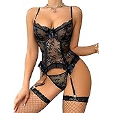 WDIRARA Women's Sexy Lingerie Set Floral Lace Garter Bustier Lingerie Set with 1Pair Fishnet Stocking