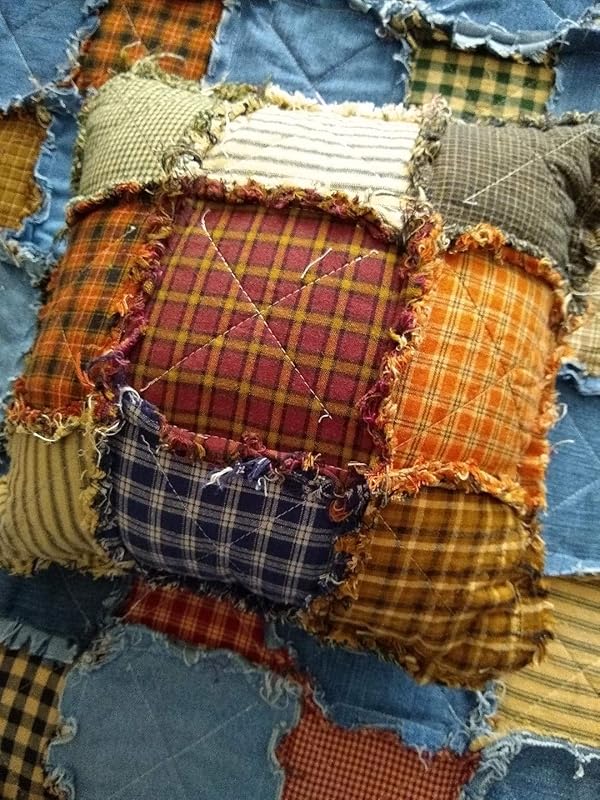 Small Throw Rag Quilt Pillow Handmade of Homespun Fabrics