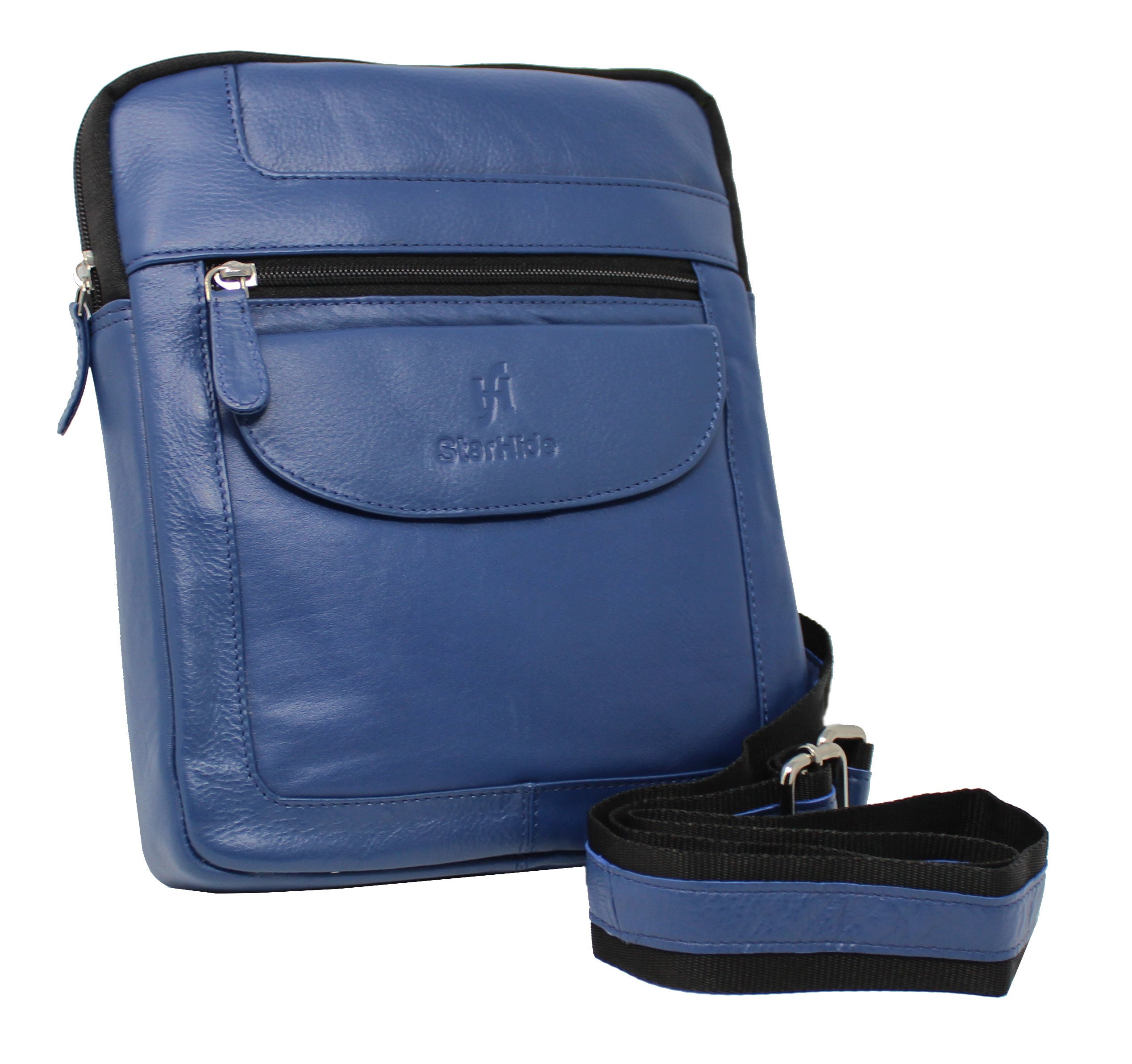STARHIDE Mens Womens Corssover Bag Soft Genuine Leather Travel Messenger Crossbody Pouch Bag for Ipad, Tablet, Mobile Phone 505 (Blue)