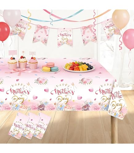 ORNACELE Einweg-Tischdecke Für Muttertag – 274x137 Cm, Happy Mother's Day Design Mit Blumenherz – Kunststoff, Wasserdicht Happy Mothers Day Kunststoff Wasserdicht Einweg Party Deko