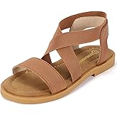 PANDANINJIA Girls Sandals Slip-on Elastic Ankle Cross Strappy Gladiator Dress Sandals Flats Summer Shoes Little Big Kids Sandals