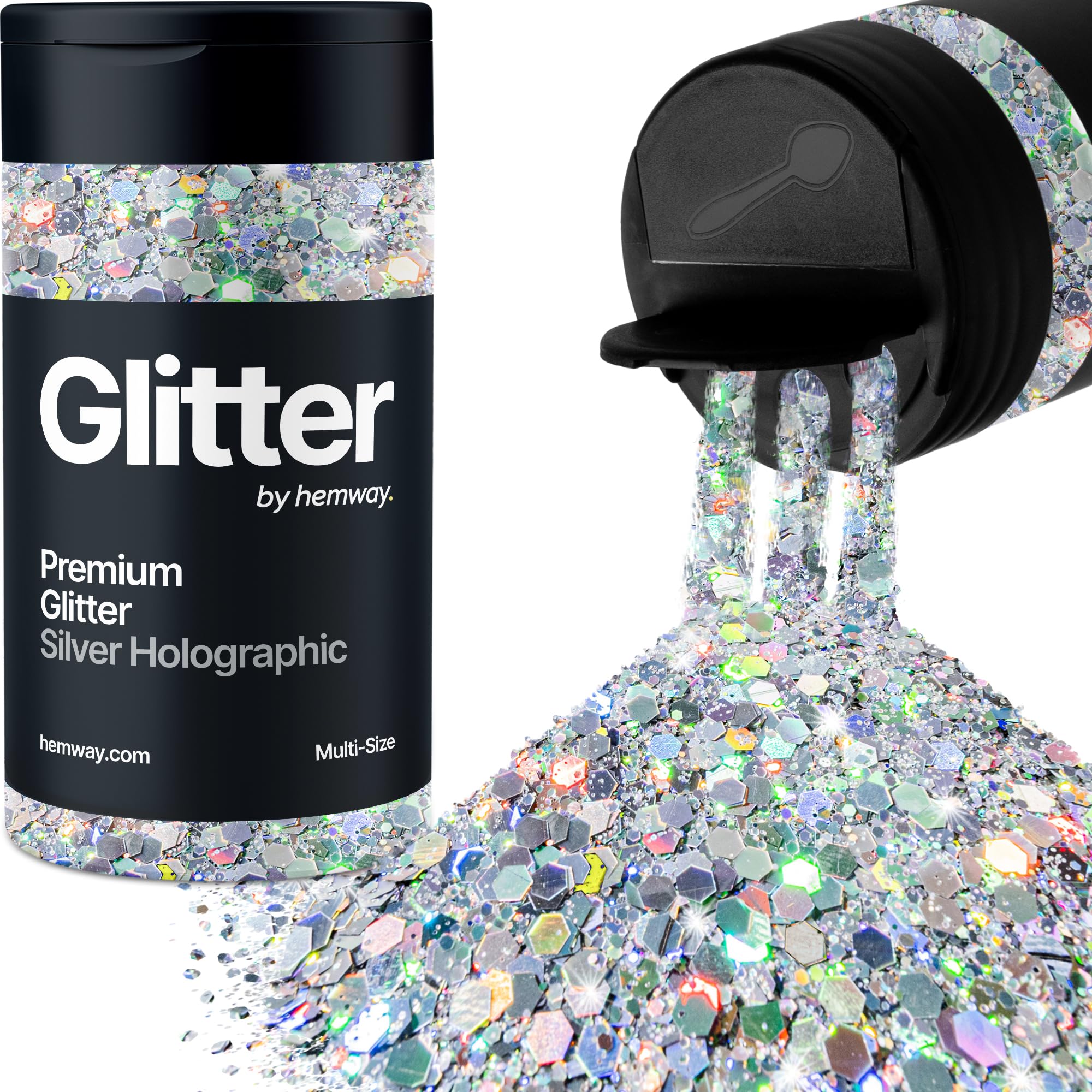 Hemway Silver Holographic Glitter Shaker, 120g Multi Size Glitter for Crafts Metallic Flake Sequins for Resin & Epoxy Crafts for Decorating, Halloween, Christmas, Nail, Face, Bunting, Art, Pots