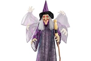 Best Choice Products 5ft Halloween Animatronic Witch, Wicked Wanda Standing Poseable Figure Decoration w/Pre-Recorded Phrases, LED Glowing Eyes, Adjustable Arms