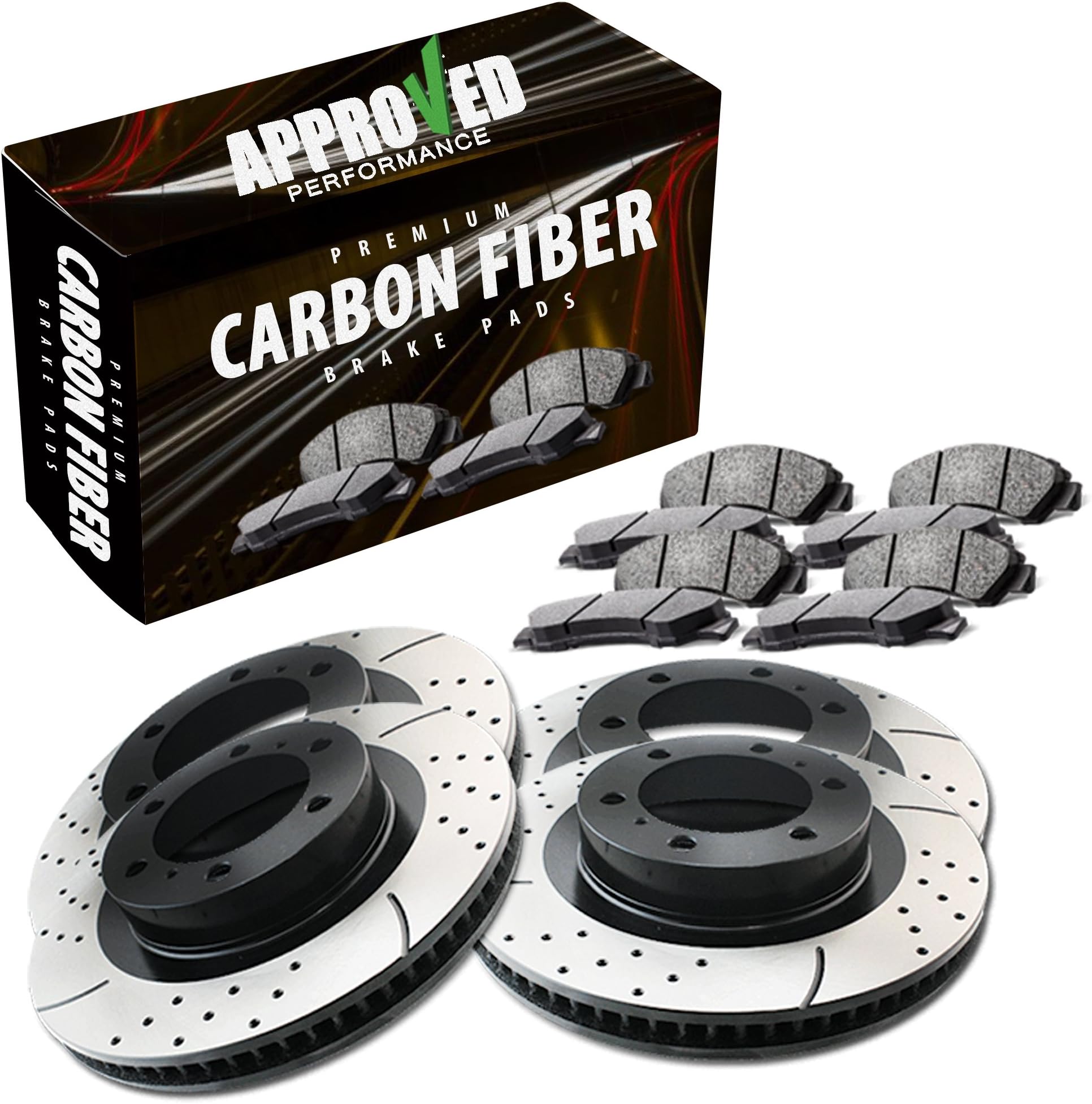 Approved Performance J28096 - [Front & Rear Kit] Performance Drilled/Slotted Brake Rotors and Carbon Fiber Pads