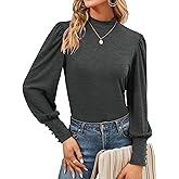 Qirno Womens Mock Neck Puff Long Sleeve Tops Casual Loose Solid Basic T Shirt Button Cuffs Pullovers Shirts Blouse