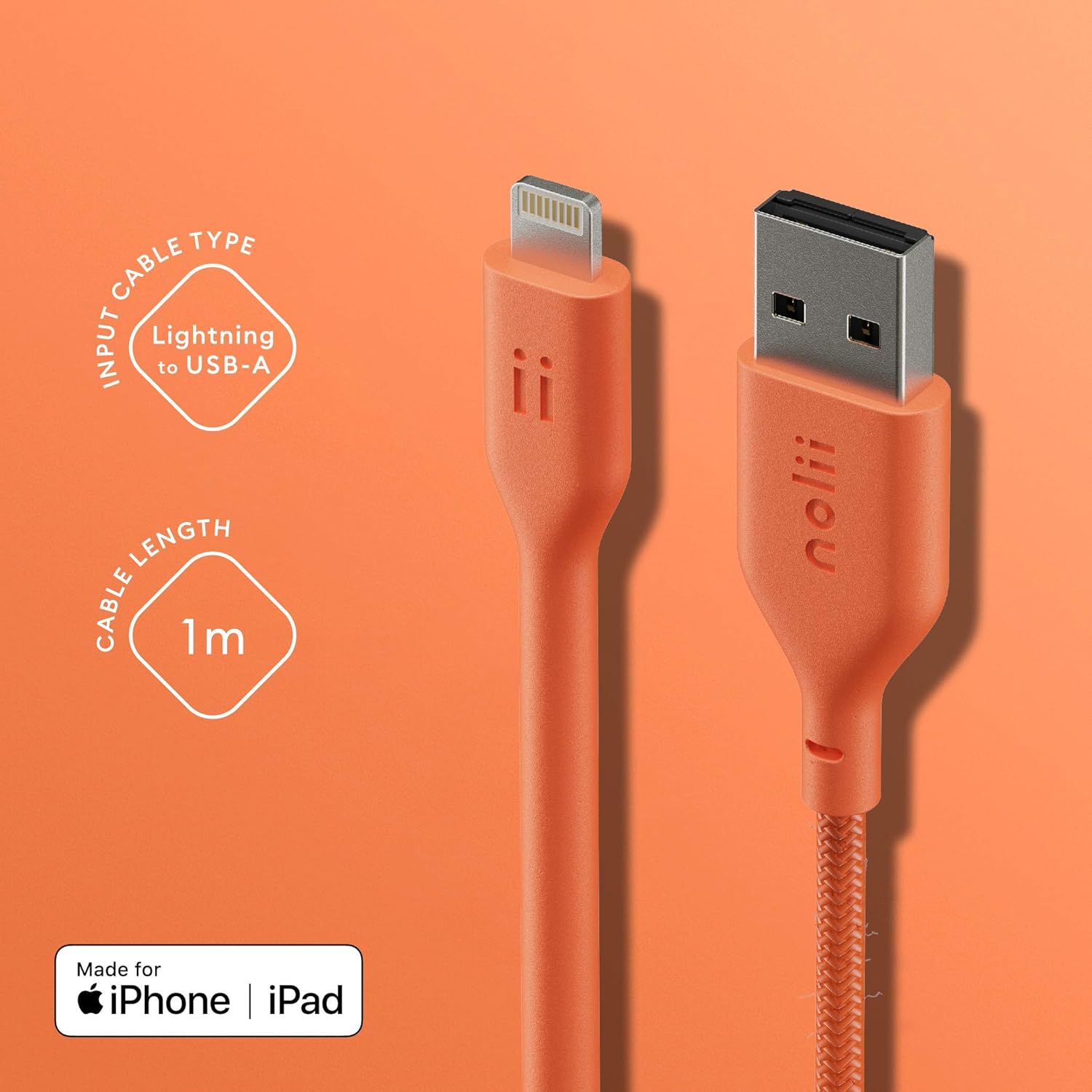 nolii USB A to Apple Lightning Cable Apple MFi Certified 2 metre Fast Charger Kevlar