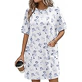 Ekouaer Cotton Nightgowns for Women Short Sleeve Sleep Shirts Crew Neck Night Dress Nightshirt with Pockets, White Floral, 2XL