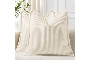 decorUhome Spring Corduroy Cream White Throw Pillow Covers 18x18 Set of 2 Decorative Soft Boho Farmhouse Euro Couch Pillow Covers for Living Room Bed Sofa Broadside Striped Pillow Cases