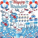 212 Pcs Airplane Birthday Party Decorations, Airplanes Party Banner Balloons Blue Sky and Red Paper Plates Napkins Set with 2 Pcs Airplane Table Cloth Airplane Flight Plane Themed Decorations