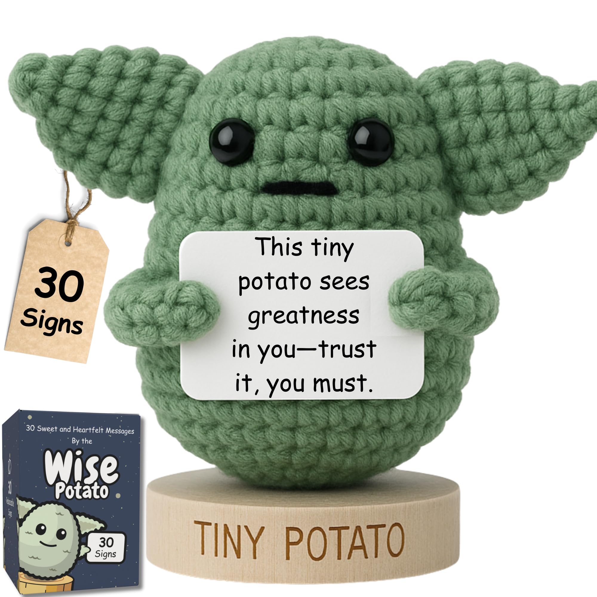 Photo 1 of ***card not included**
Handmade Baby Yoda Positive Crochet with 30 Fun Affirmations - Funny Friendship Gift for Christmas, Birthday Gifts for Women | Small Stocking Stuffers Starwars Present Idea for Friends, BFF, Coworker