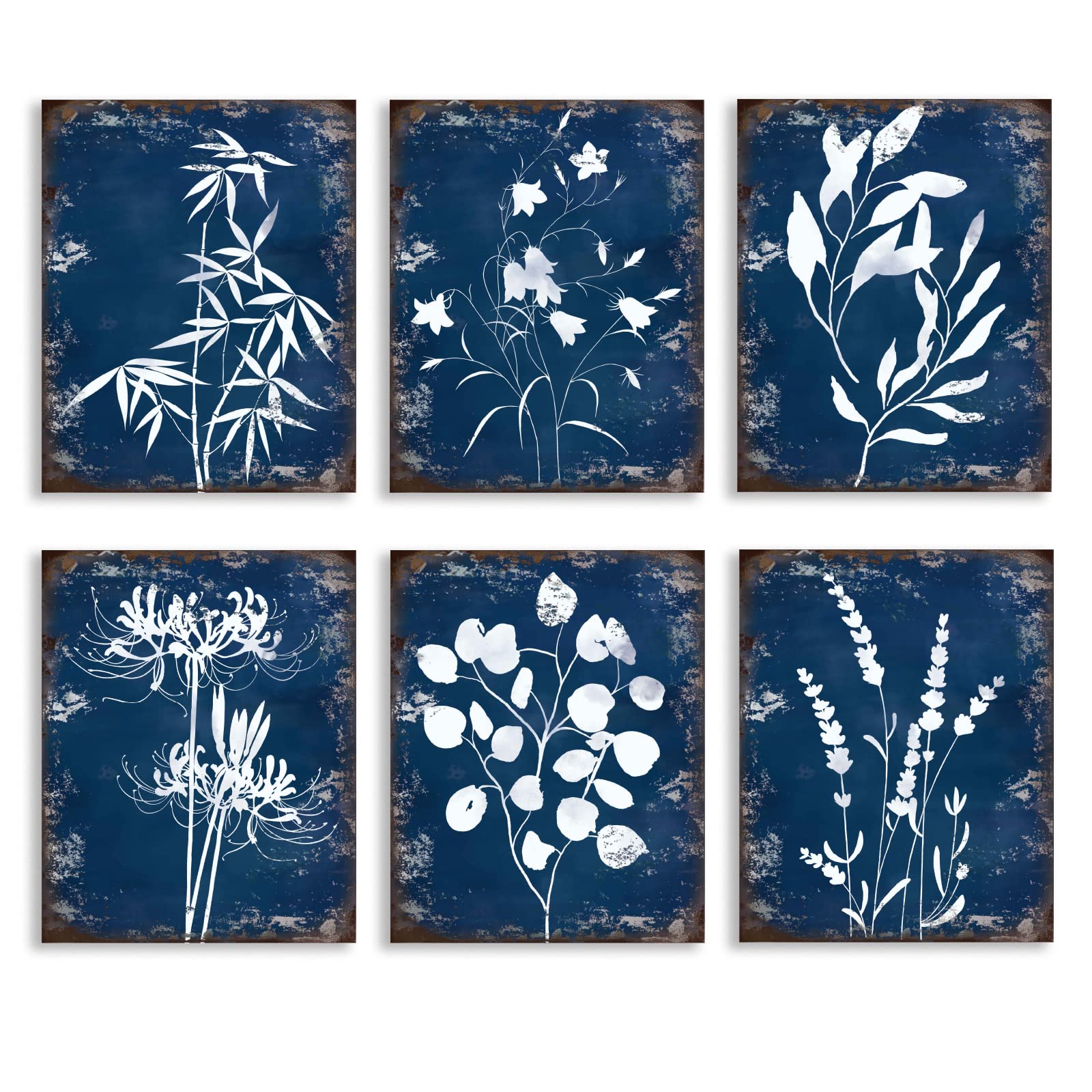 SUPERDANT Blue Navy Wall Art Painting Botanical Fern Eucalyptus Wall Pictures Canvas Prints Blue Canvas Poster for Walls Navy Green Pictures for Home Decor Unframed 6 Pcs