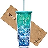 bzyoo SIP 24oz (710ml) Double Wall Plastic Tumbler with Lid and Straw Cold Drink Travel Mug Party Reusable Cup For Office Outdoor Dining Gift For Him & Her (Blue & Green)