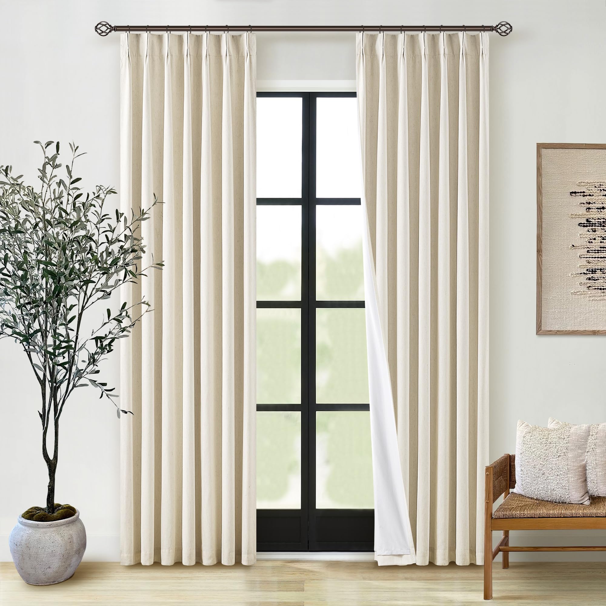 Photo 1 of 100% Black Out Curtains 80 Inch Length 2 Panels Pinch Pleated Back Tab Cream Beige Heat Blocking Window Boho Farmhouse Living Room Darkening Curtains Neutral Linen Blackout Drapes for Bedroom