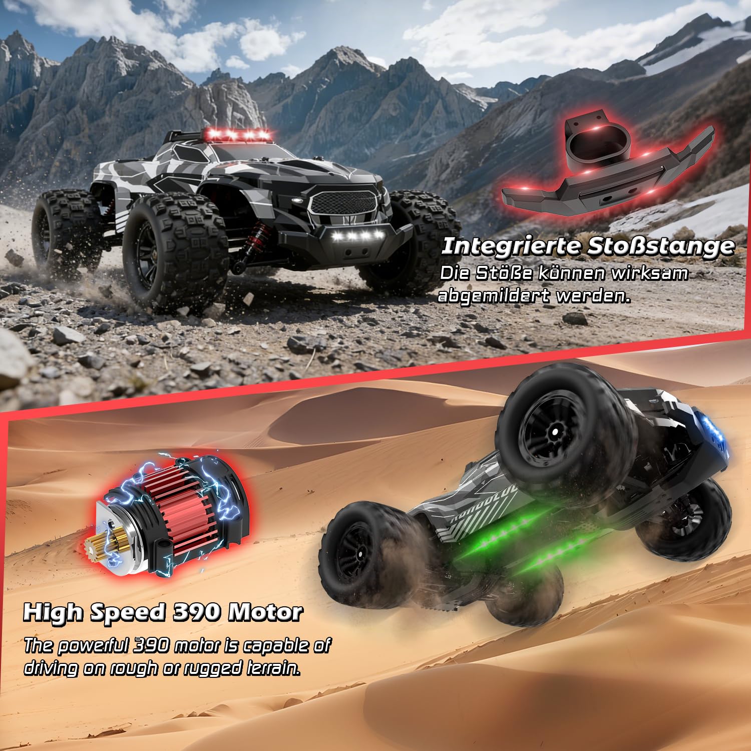 Ferngesteuertes Auto, 1/14 RC Auto mit 7 Farben Lichtern, 40KM/H Monstertruck Rc Truck, 2.4GHz Rc Auto Offroad mit Zwei Batterien, 4WD Wasserdichter RTR All Terrain, Rc Buggy für Kinder Erwachsene 5
