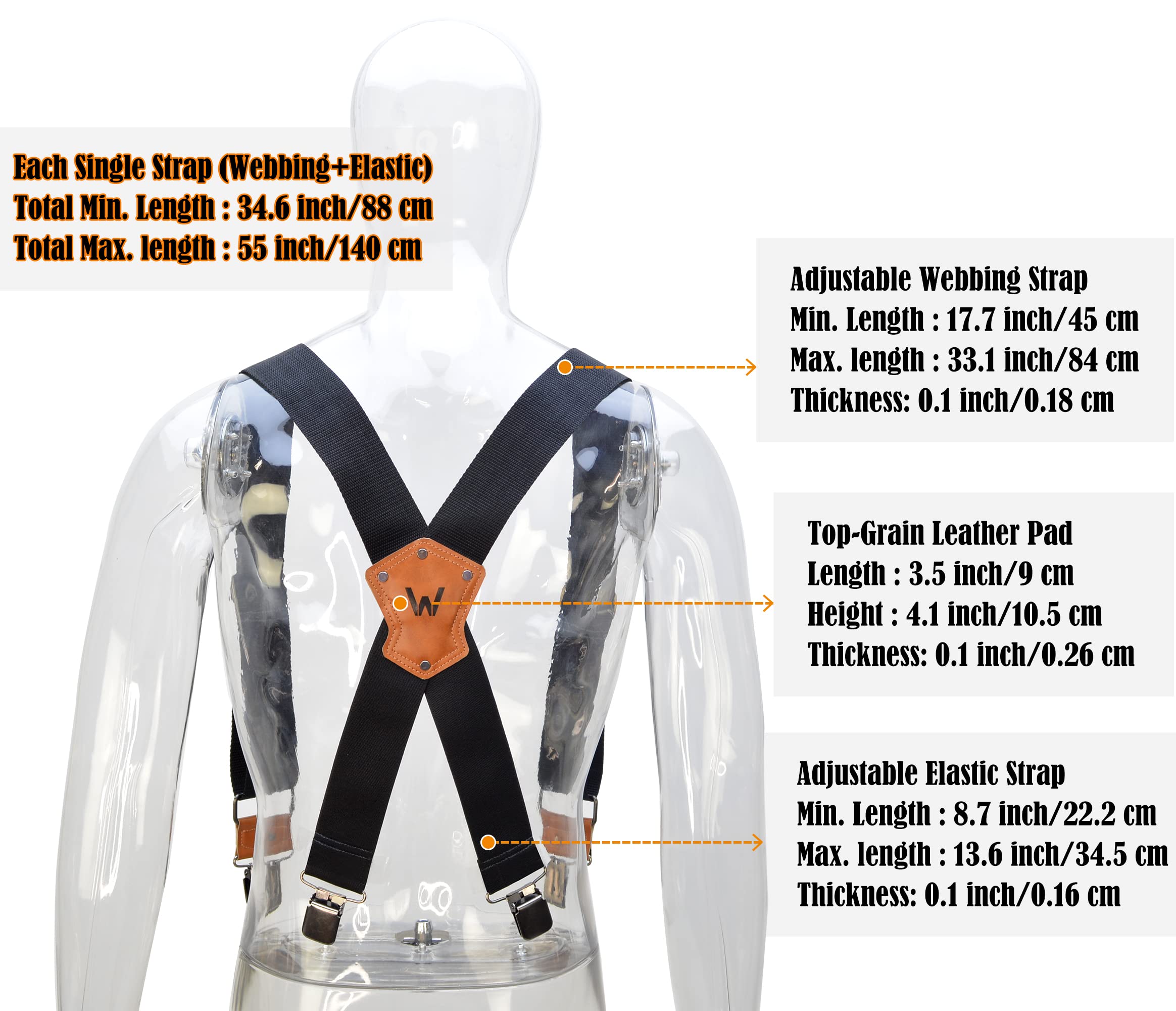 WELKINLAND 2Inch Suspenders for men heavy duty, Men's suspenders, Big Black suspenders for men, Black suspender man for jeans, Heavy Duty Work suspender for man