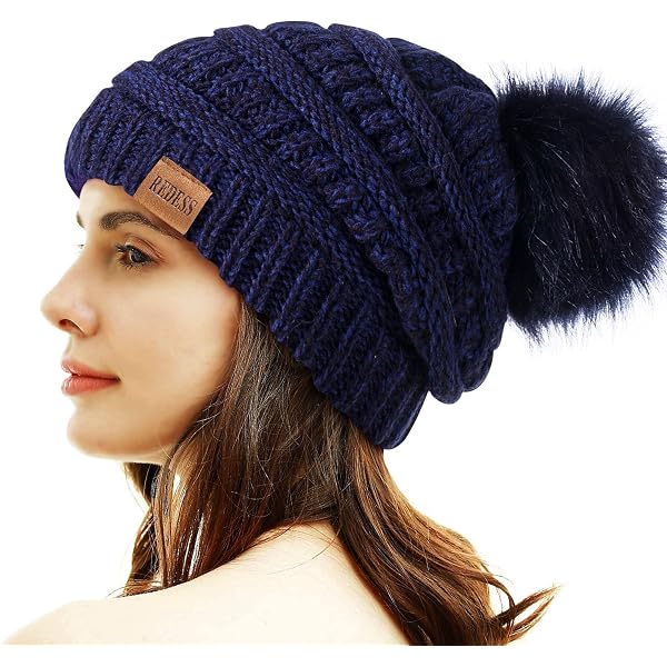 ECHERY Women Winter Warm Faux Fur Pom Pom Thick Cable Knit  display picture 1