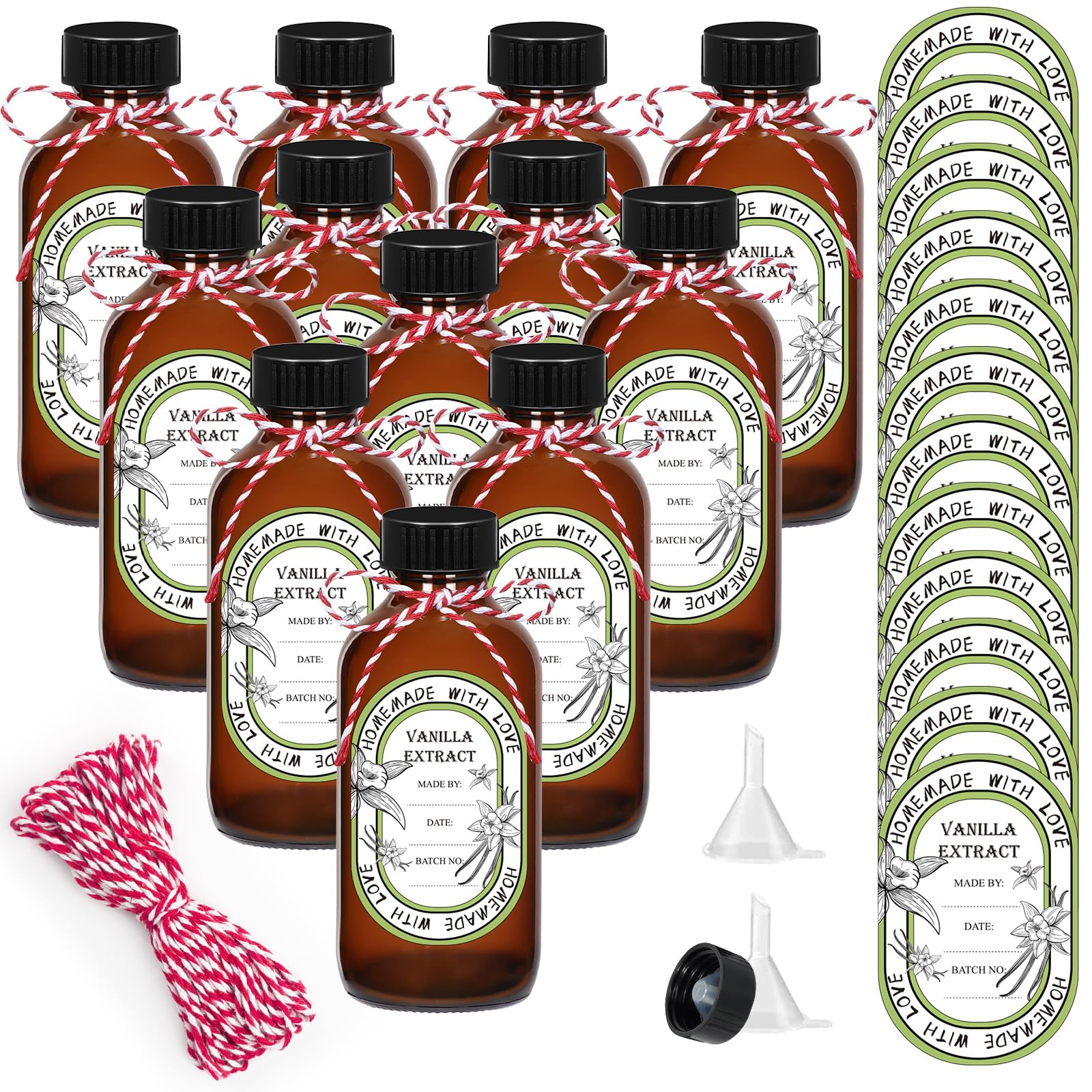 Photo 1 of 12 Pack 8 oz Vanilla Extract Bottles with Black Poly Cone Caps and 12 Pcs Vanilla Extract Stickers 240ml Boston Round Sample Bottles for Syrup Gift Glass Food Storage Canister Set Sauce Beans(8oz)