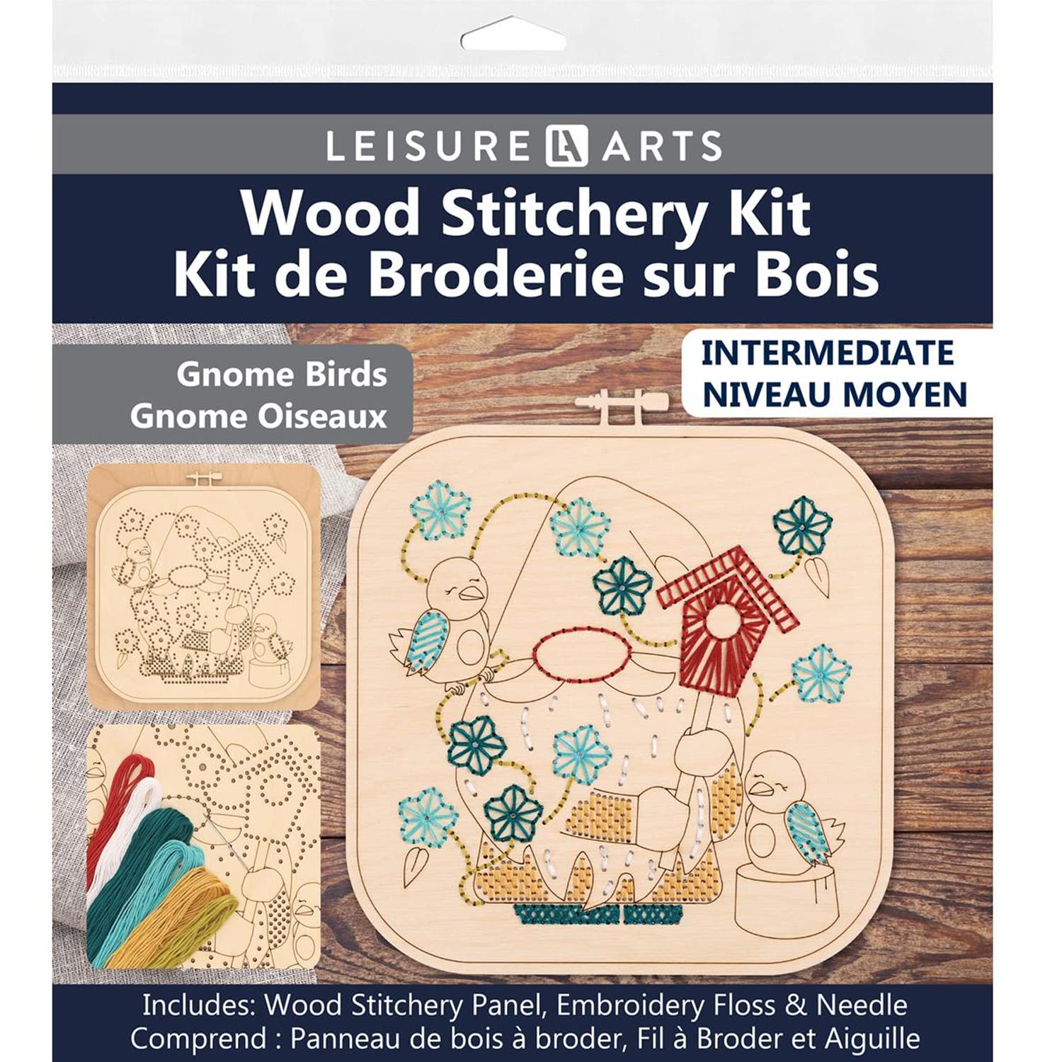 Leisure Arts Wood Embroidery Kit Gnome Birds - Hoop - Wooden Canvas - Embroidery Kits for Adults - 9 inch