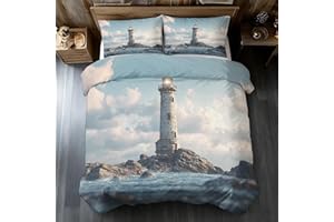 Nautical Lighthouse Duvet Cover King Size, Coastal Beach Bedding Set 3 pcs with 2 Pillow Covers, Seaside Bedroom Decor, Soft 