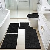SHACOS Bathroom Rugs Sets 5 Piece Ultra Soft Absorbent Microfiber Bath Mat with Bath Runner, U Shape Contour Rug, Toilet Lid Cover, Non Slip Machine Washable Carpet for Bathroom, Bedroom, Black