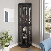 BELLEZE Lighted 3-Side Glass Display Curio Cabinet w/Tempered Glass Doors &amp; Shelves, Accent Wooden Corner Cabinet with Bulb, Corner Storage Decoration Rack for Living Room &amp; Bed-Room Corona (Black)